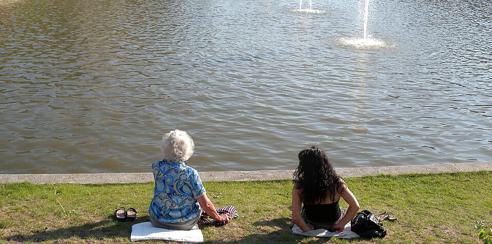 strangers in grass by the water- public garden