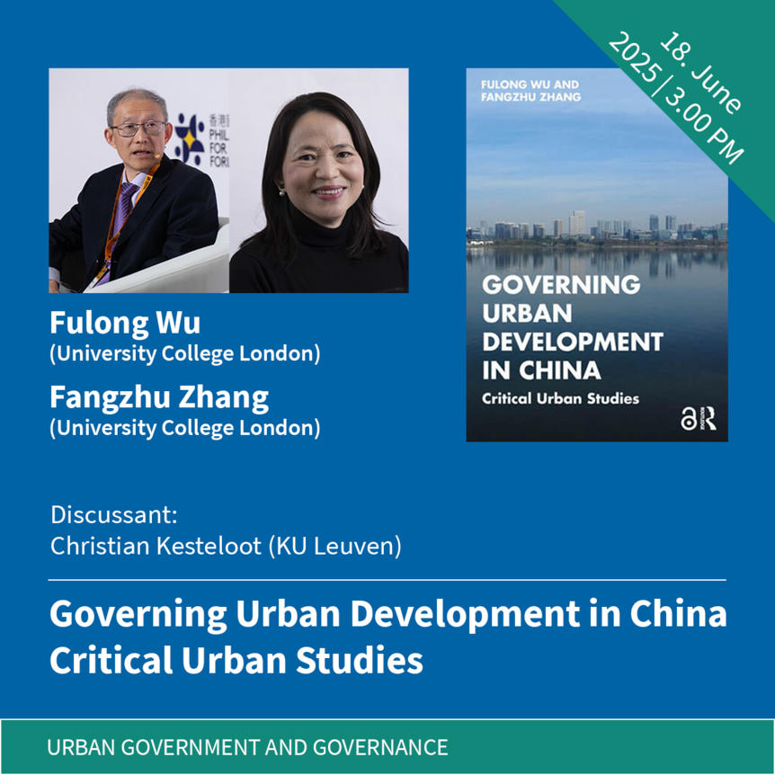Graphic showing the book's cover and portrait photos of the authors Fulong Wu and Fangzhu Zhang, including the title of the book: Governing Urban Development in China.